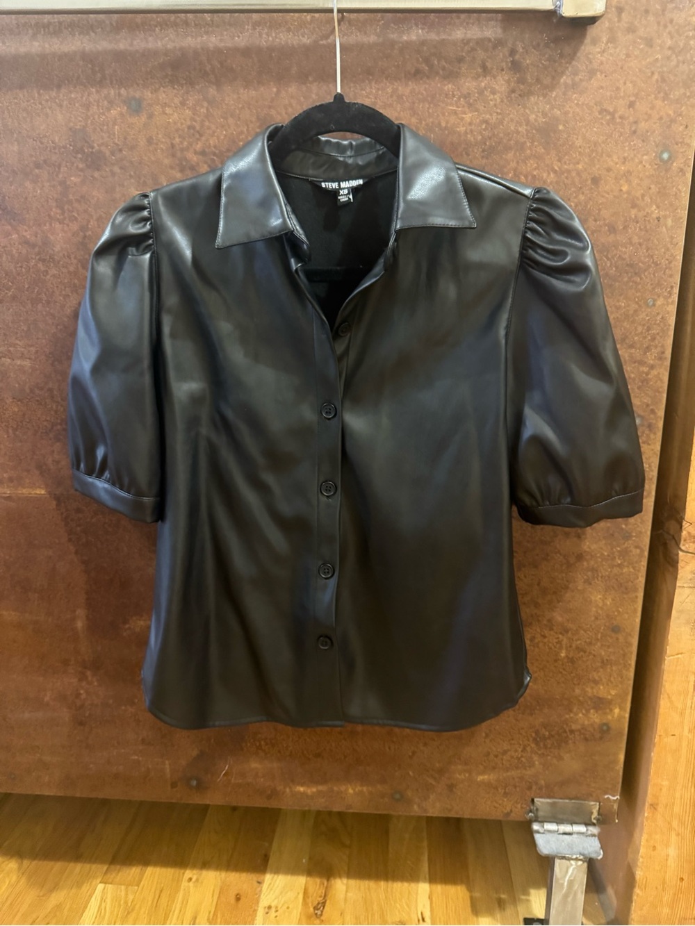 Steve Madden Faux Leather Puff Sleeve Button-Up Top - Black - Picture 2 of 2